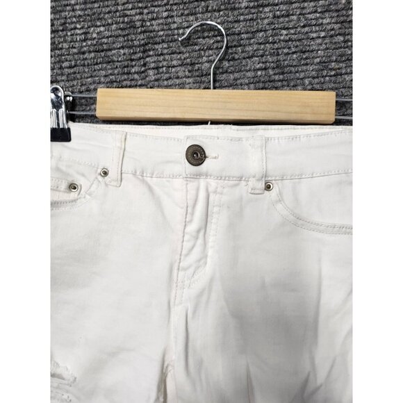 Supplies Womens Jean Shorts 4 White Denim Logo Distressed Mid Rise Flat Front - Picture 4 of 9